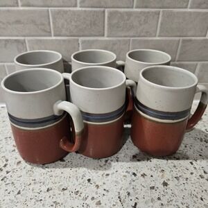 Vintage Stoneware Coffee Mug Set of 6 Tri-Tone Striped Brown Blue Cream Speckled